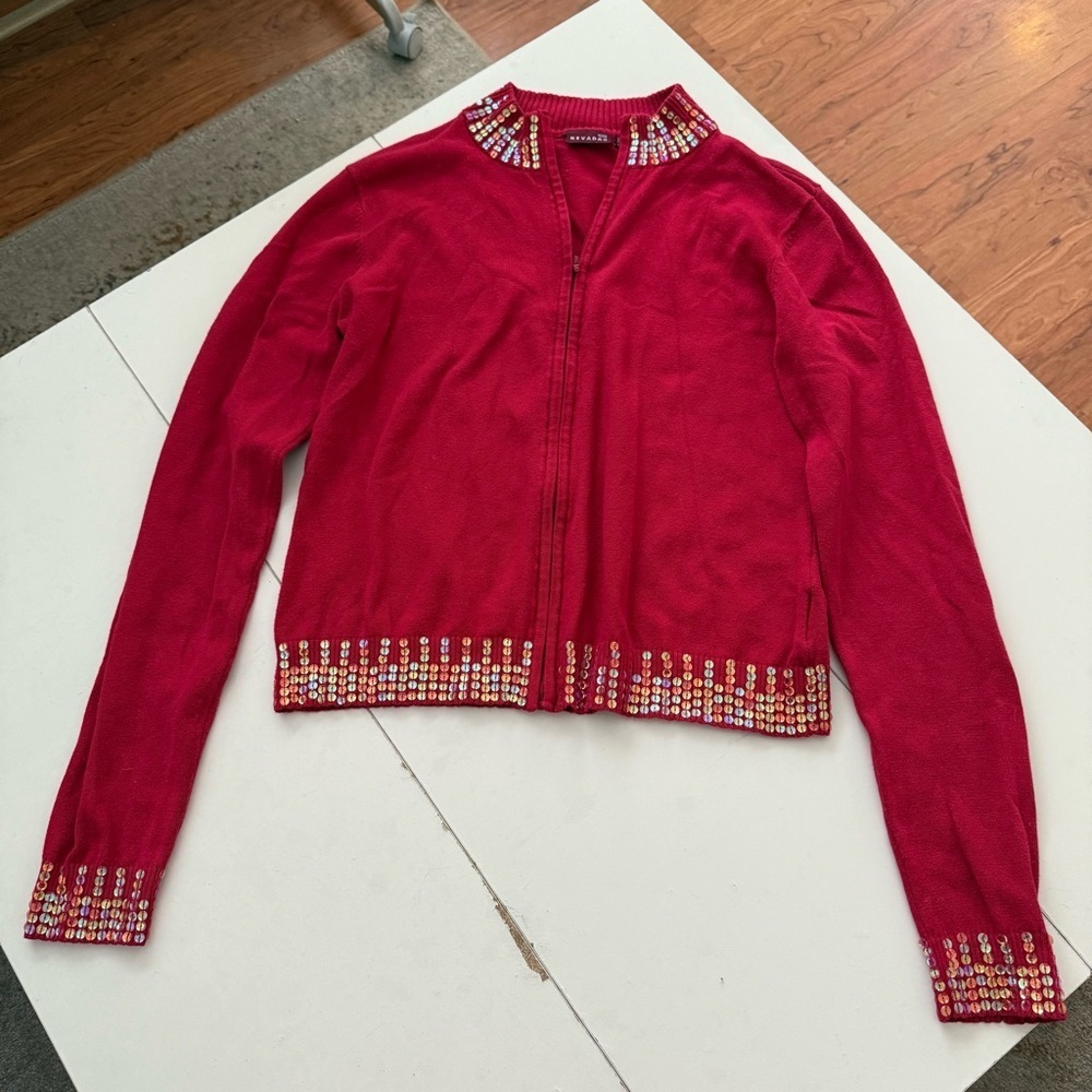 NEVADA Vibrant Red Zip-Up Cardigan Sweater Colorful Mermaid Sequins Y2K Glam - Picture 5 of 5